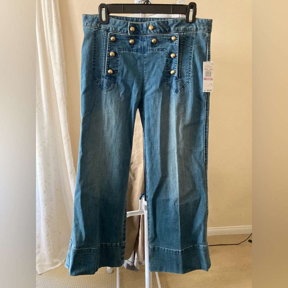 NWT Michael Kors gold buttons wide leg cropped sailor jeans Size 6